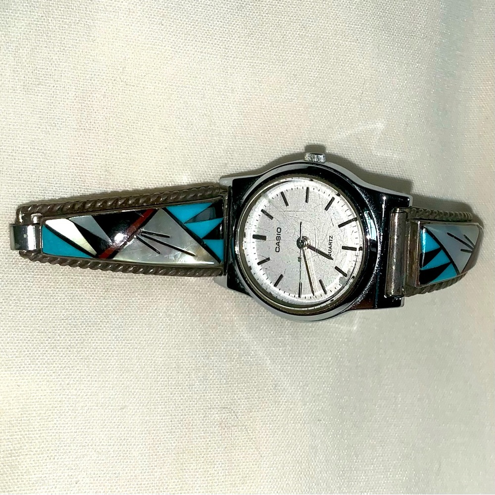 Watchband Zuni Inlay Sterling Silver Turquoise Coral Mother-of-Pearl Onyx